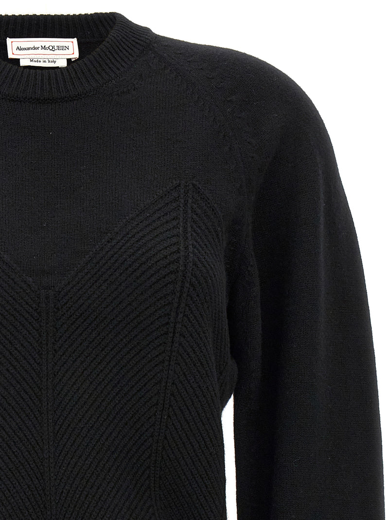 Alexander McQueen Black Wool Cardigan with Chevron Corset Design