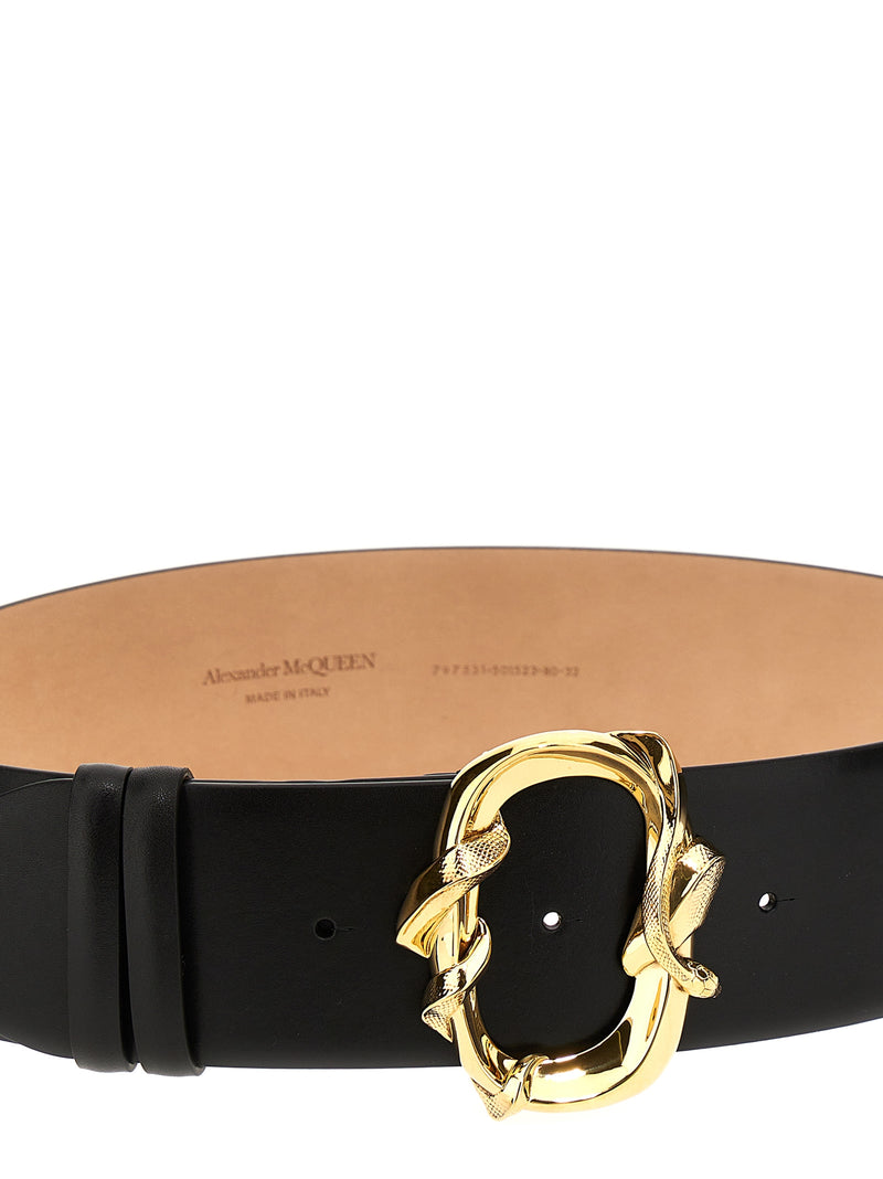 Alexander McQueen Black Cowhide Regular Belt with Gold Snake Buckle