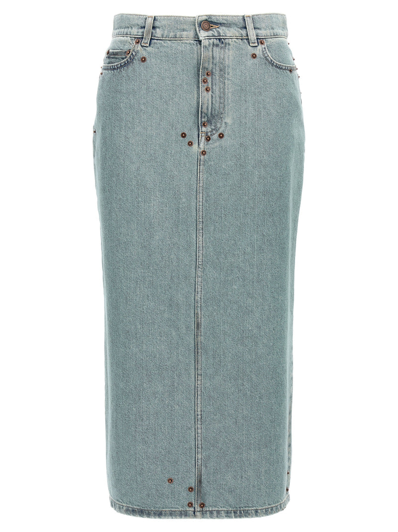 Moschino Blue Cotton Midi Skirt with Metal Rivets