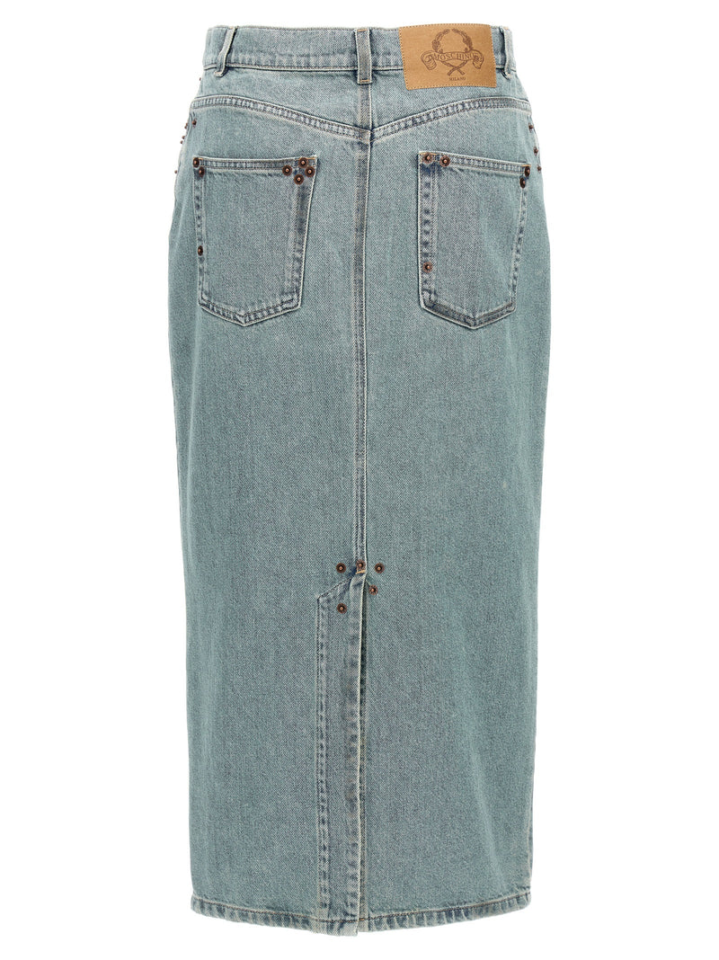 Moschino Blue Cotton Midi Skirt with Metal Rivets