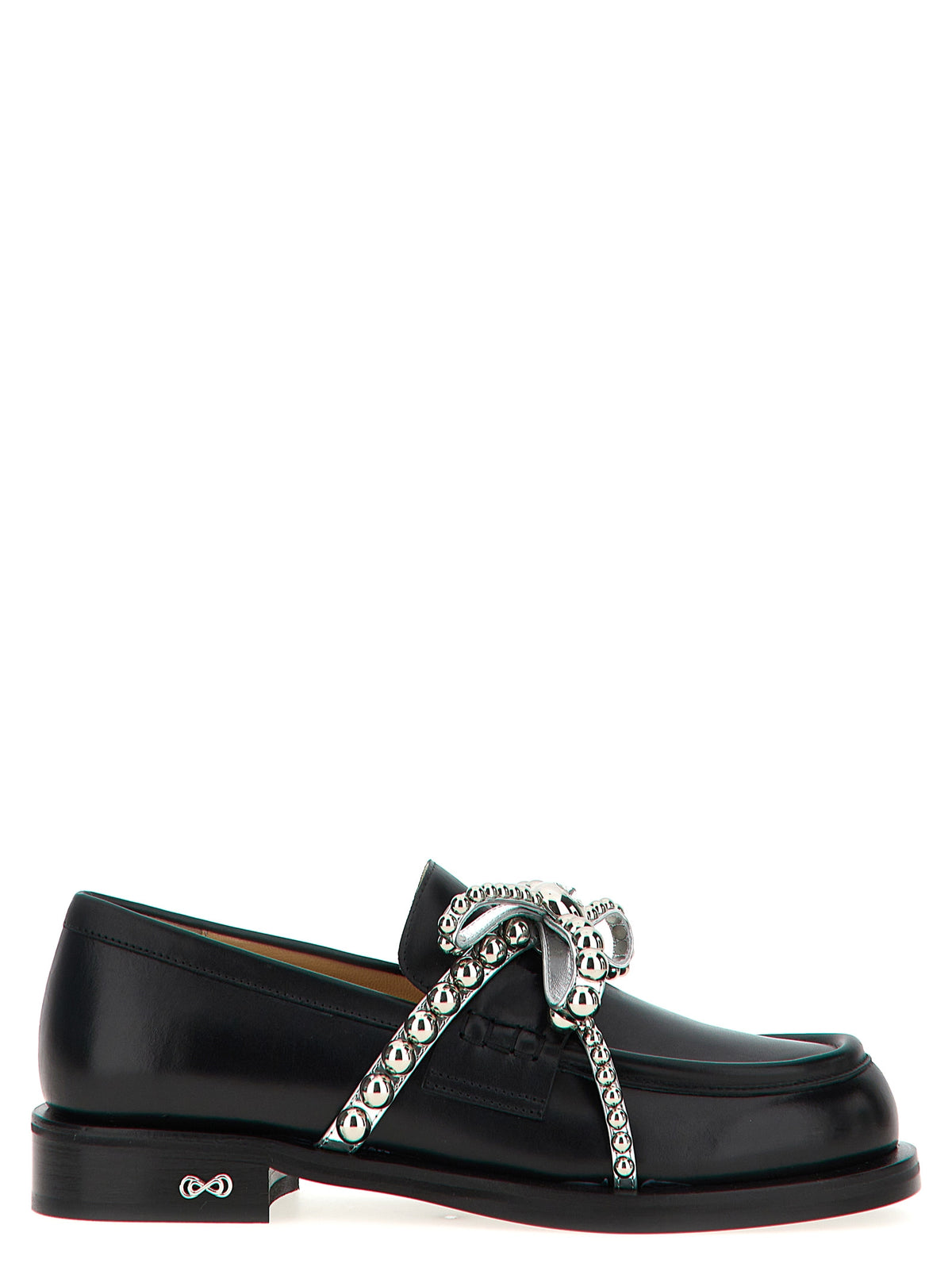 MACH & MACH Black Leather Slip-On Loafers with Crystal Studs