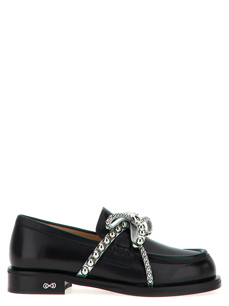 MACH & MACH Black Leather Slip-On Loafers with Crystal Studs