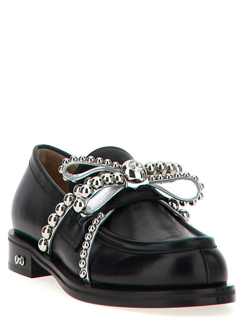 MACH & MACH Black Leather Slip-On Loafers with Crystal Studs