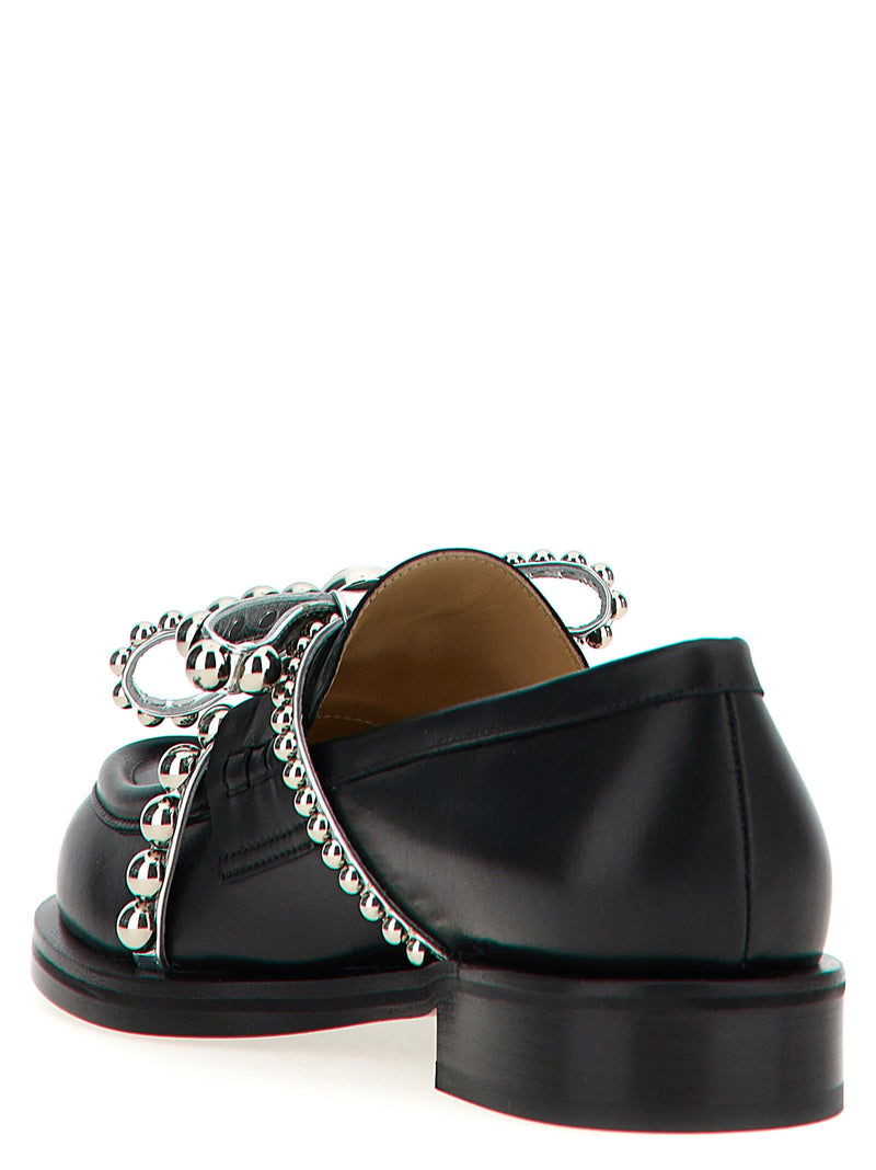 MACH & MACH Black Leather Slip-On Loafers with Crystal Studs