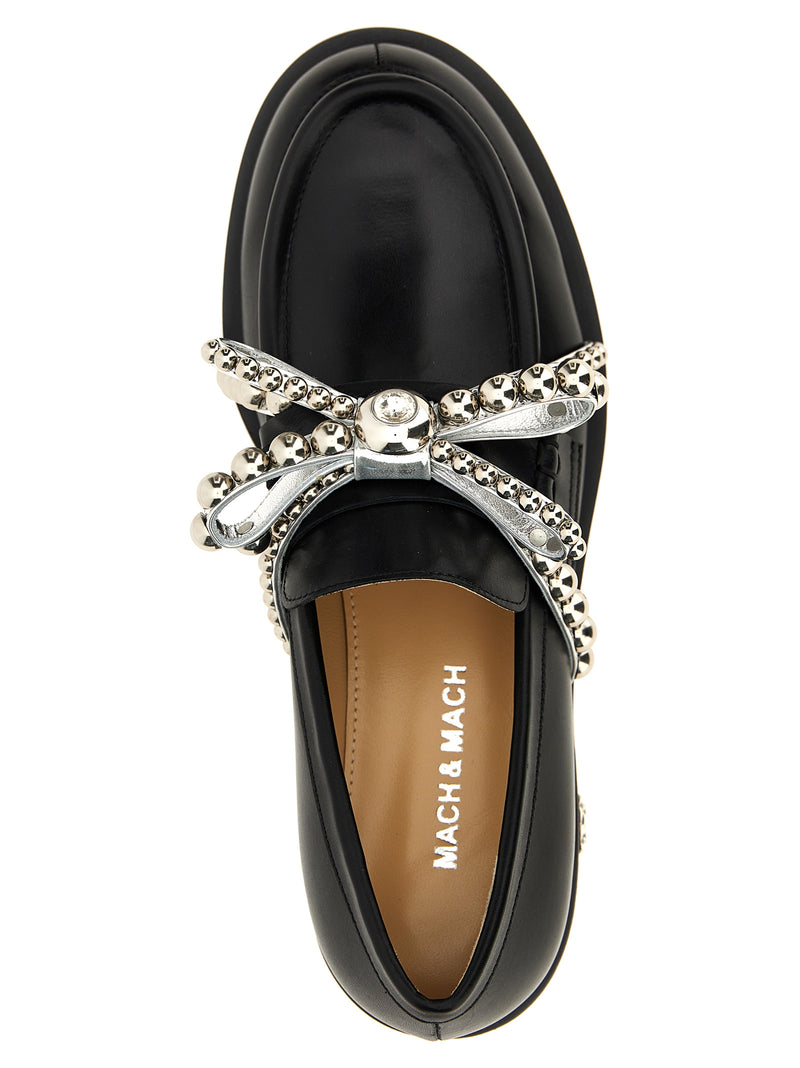 MACH & MACH Black Leather Slip-On Loafers with Crystal Studs