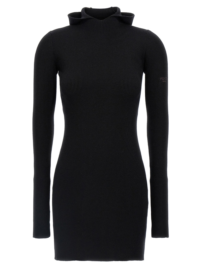 Fendi Black Wool Short Dress - Elegant Ribbed Design