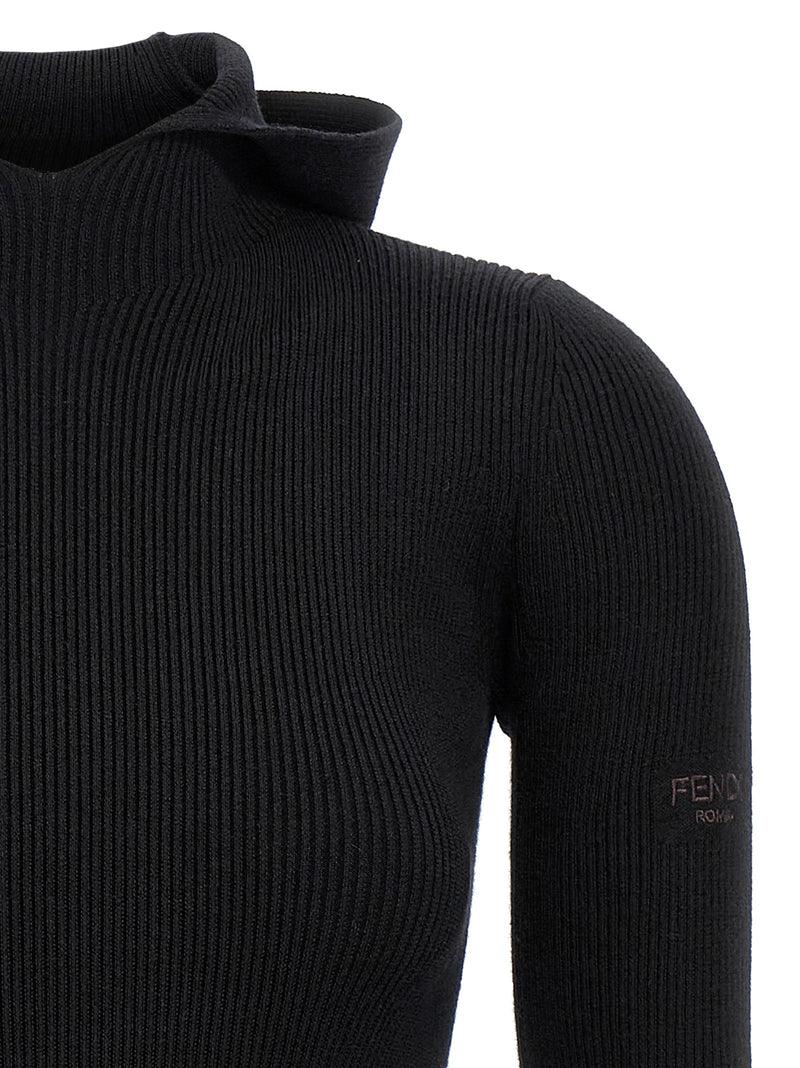Fendi Black Wool Short Dress - Elegant Ribbed Design
