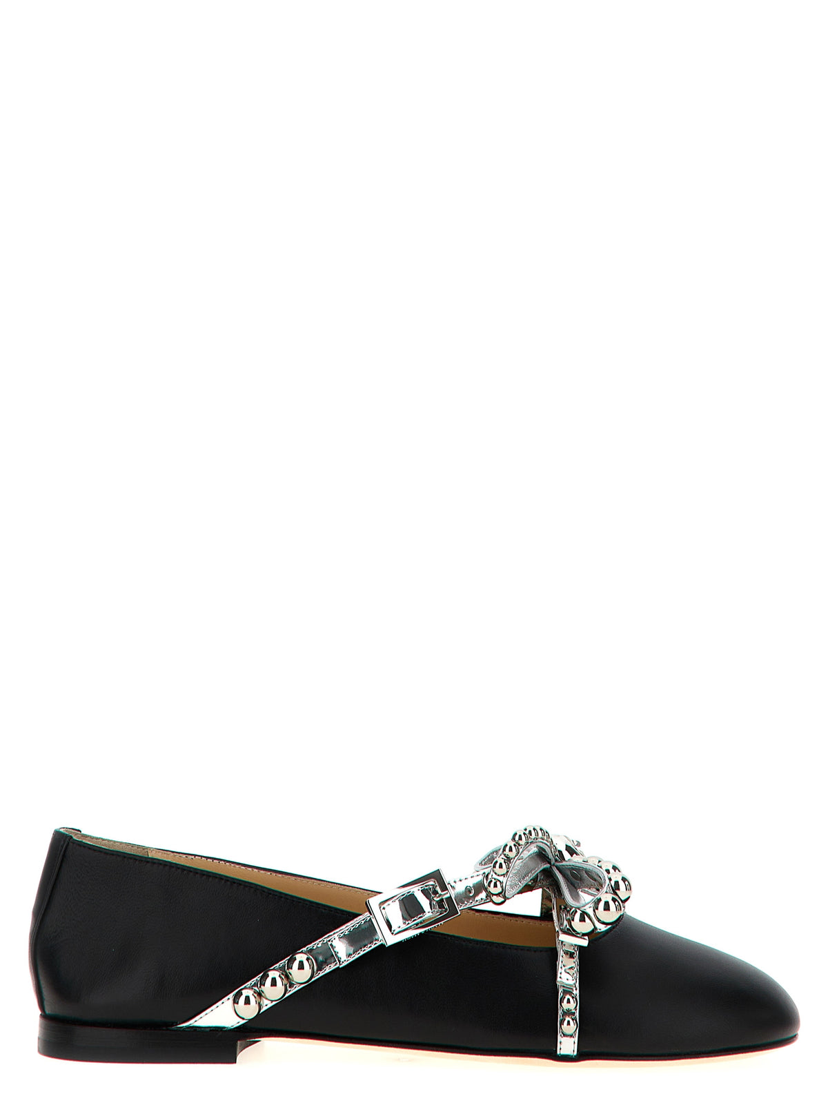 MACH & MACH Black Leather Ballet Flats with Crystal Studs