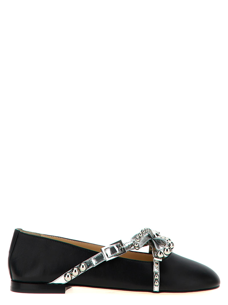 MACH & MACH Black Leather Ballet Flats with Crystal Studs