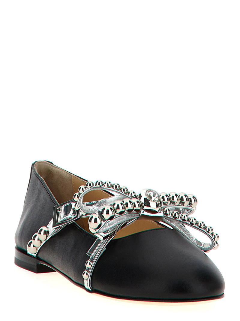 MACH & MACH Black Leather Ballet Flats with Crystal Studs