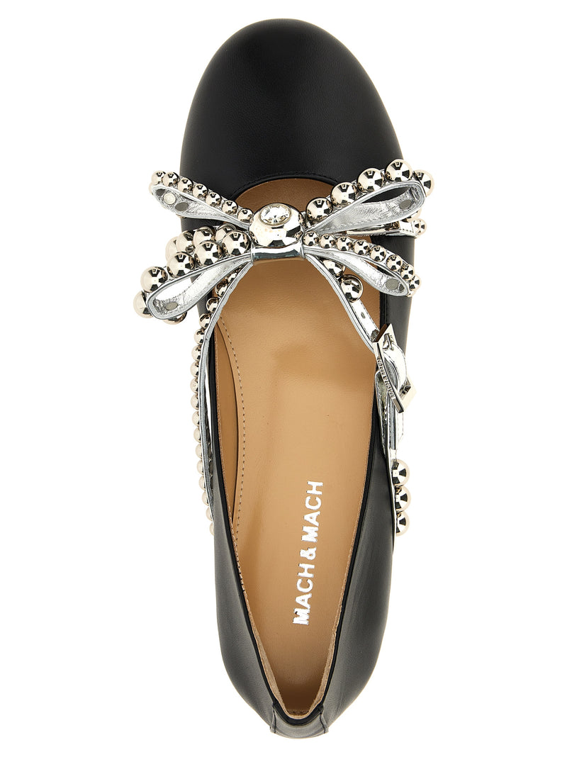 MACH & MACH Black Leather Ballet Flats with Crystal Studs