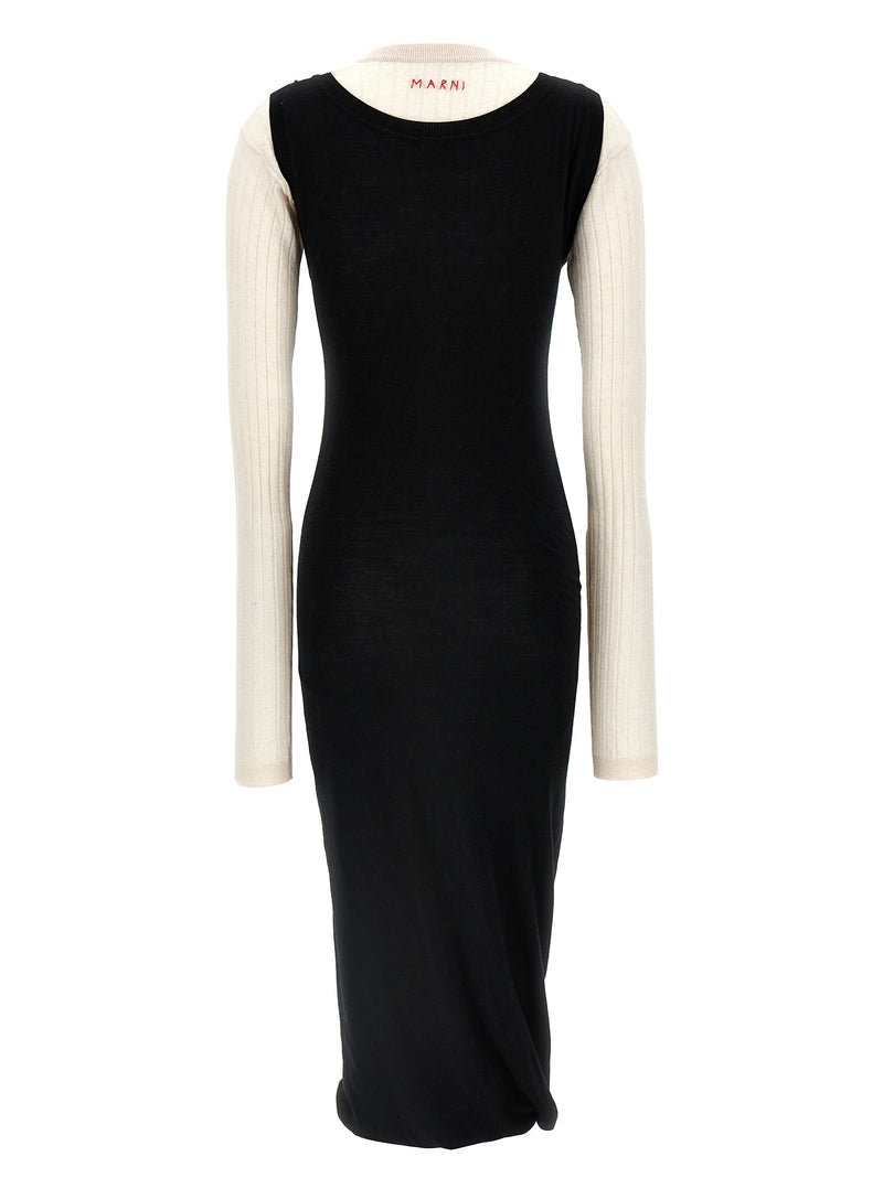 Marni Bicolor Wool Midi Dress - White/Black
