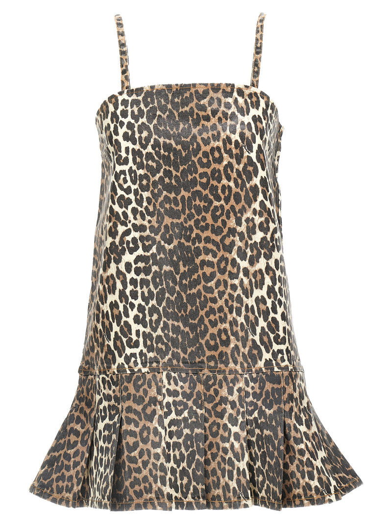 Ganni Multicolor Cotton Short Dress with Leopard Print