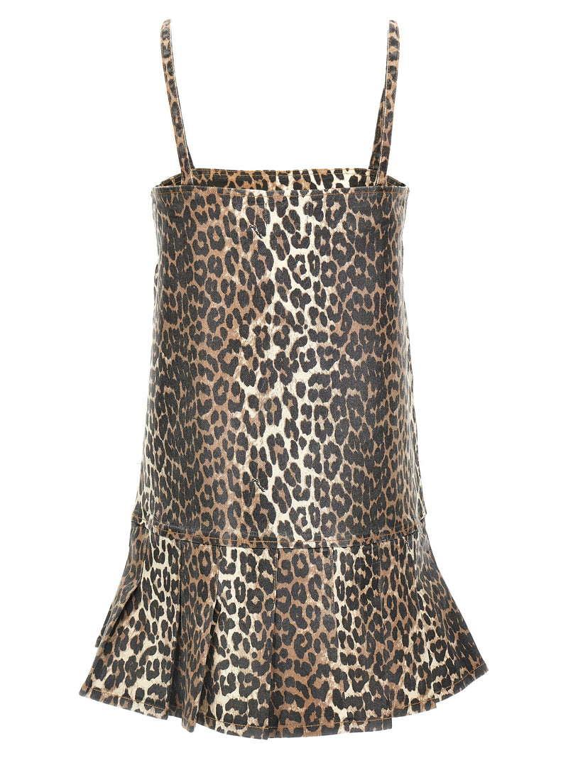 Ganni Multicolor Cotton Short Dress with Leopard Print