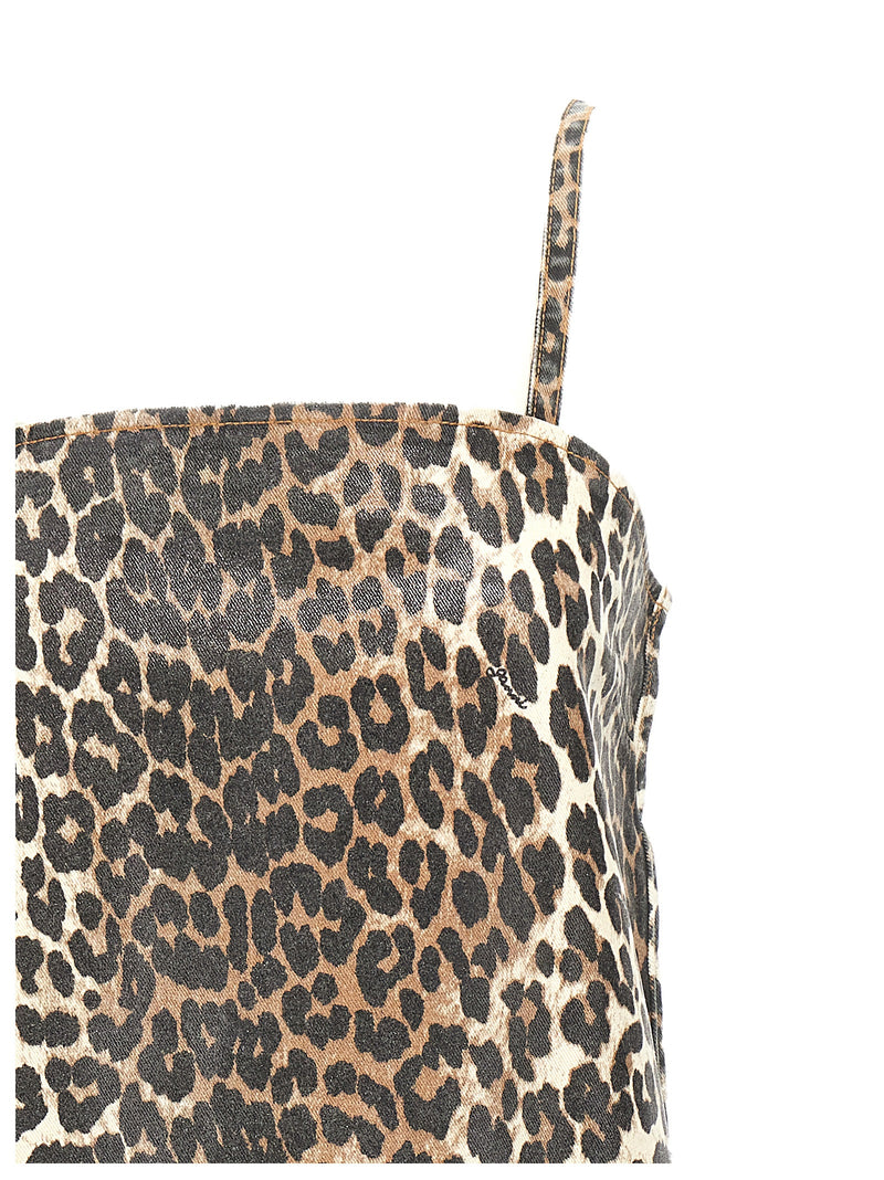 Ganni Multicolor Cotton Short Dress with Leopard Print