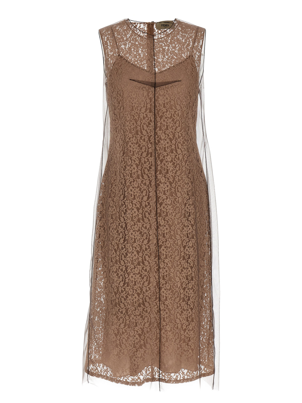 Fendi Beige Cotton Midi Dress with Floral Lace
