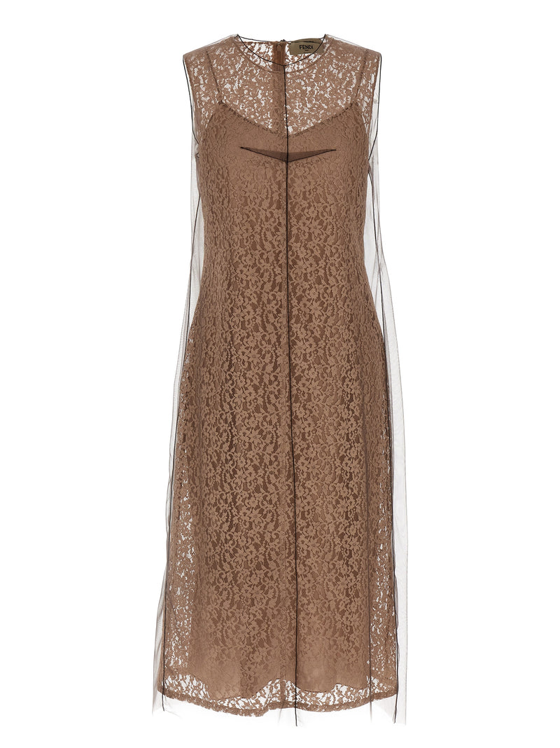 Fendi Beige Cotton Midi Dress with Floral Lace