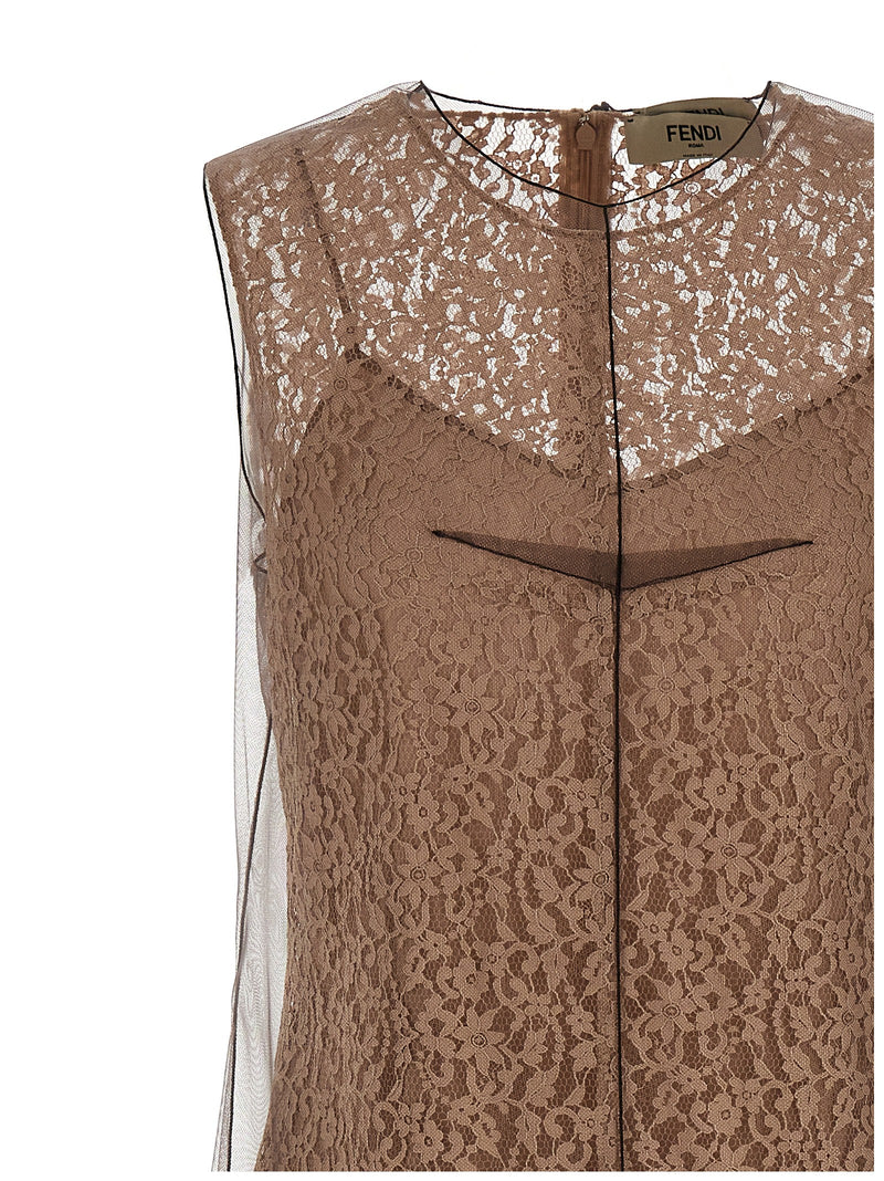 Fendi Beige Cotton Midi Dress with Floral Lace