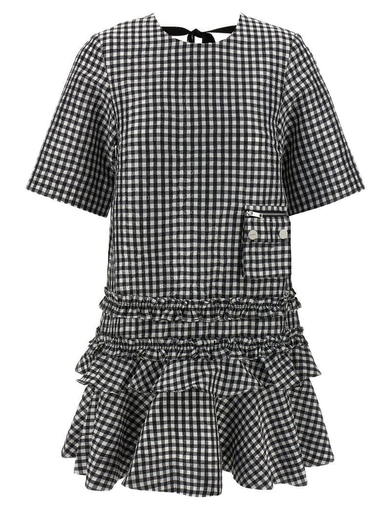 Ganni Bicolor Crinkled Check Mini Dress for Women
