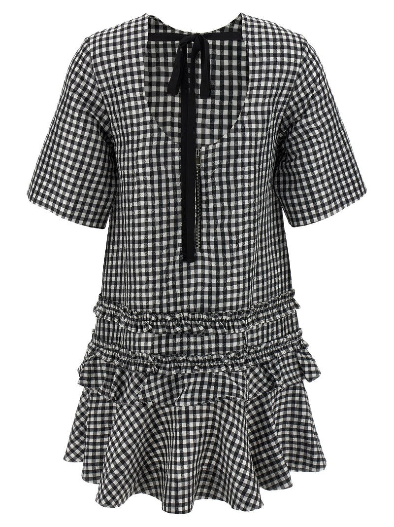 Ganni Bicolor Crinkled Check Mini Dress for Women