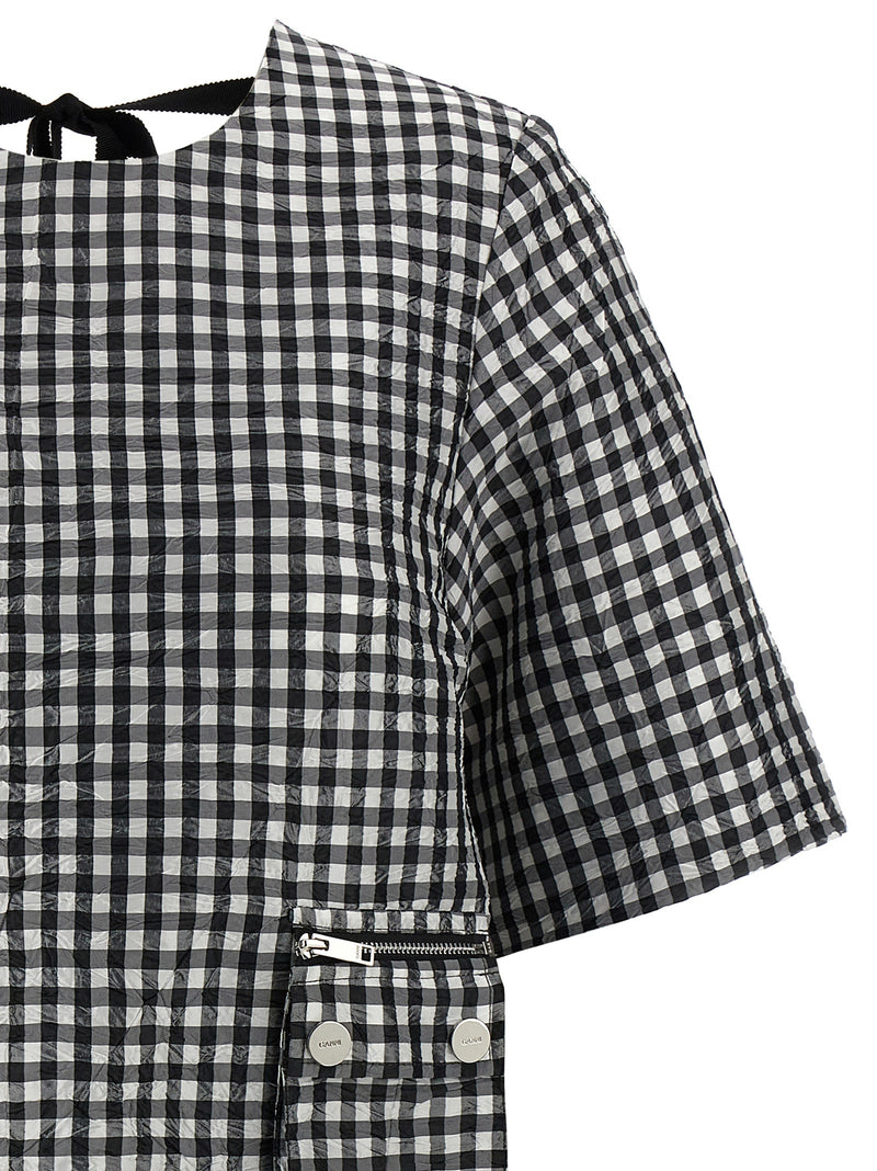 Ganni Bicolor Crinkled Check Mini Dress for Women