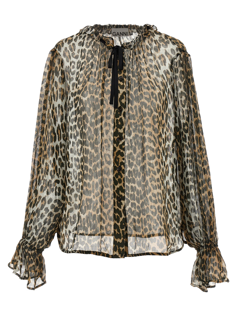 Ganni Brown Viscose Blouse with Leopard Print