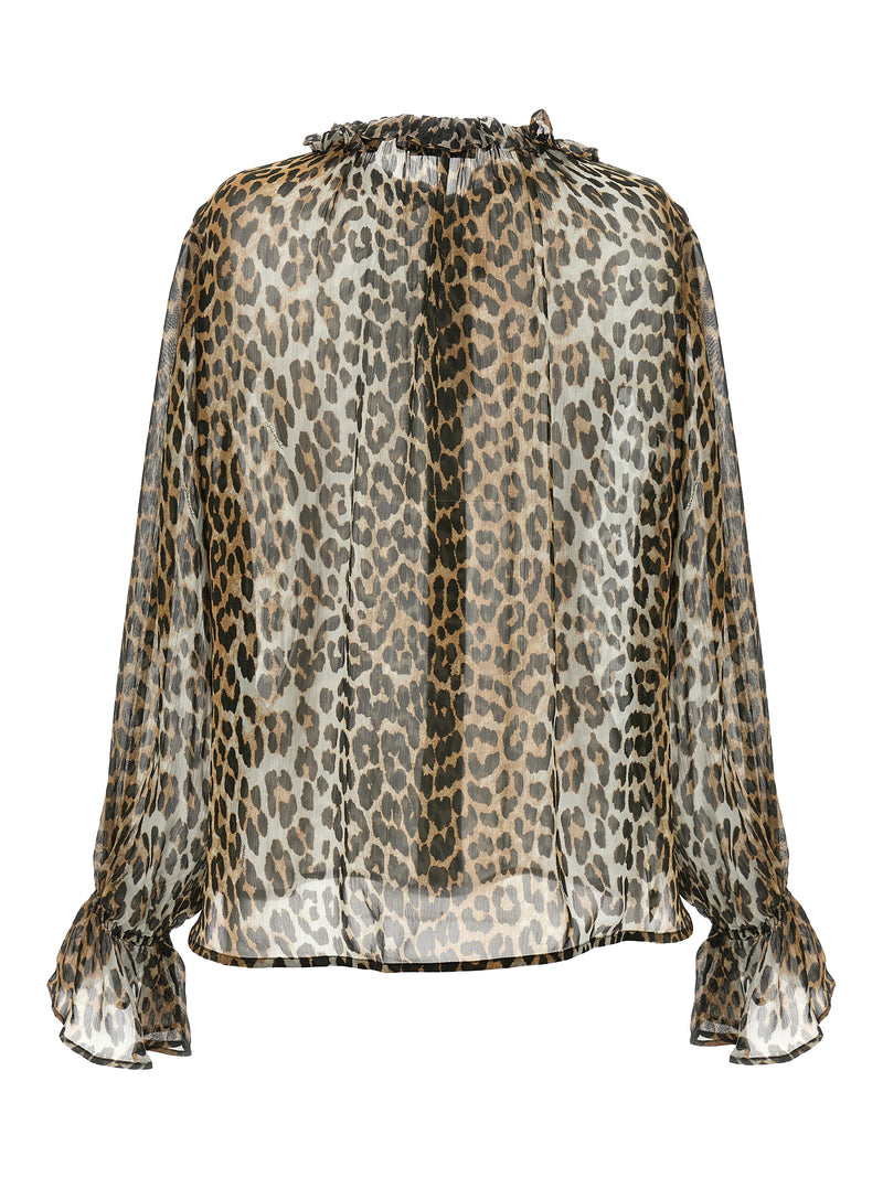 Ganni Brown Viscose Blouse with Leopard Print