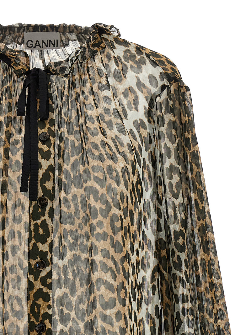 Ganni Brown Viscose Blouse with Leopard Print