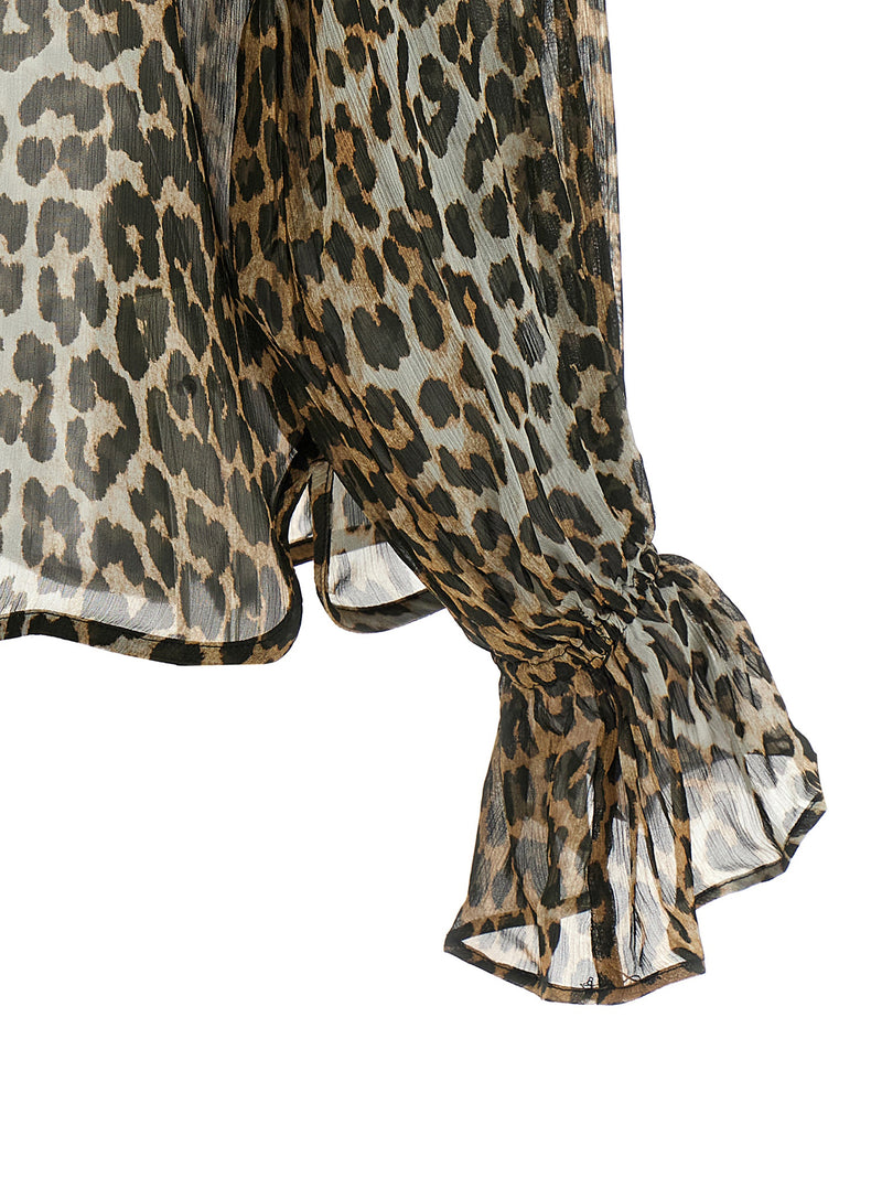 Ganni Brown Viscose Blouse with Leopard Print