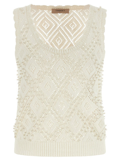 Twinset White Cotton Sleeveles T-Shirt