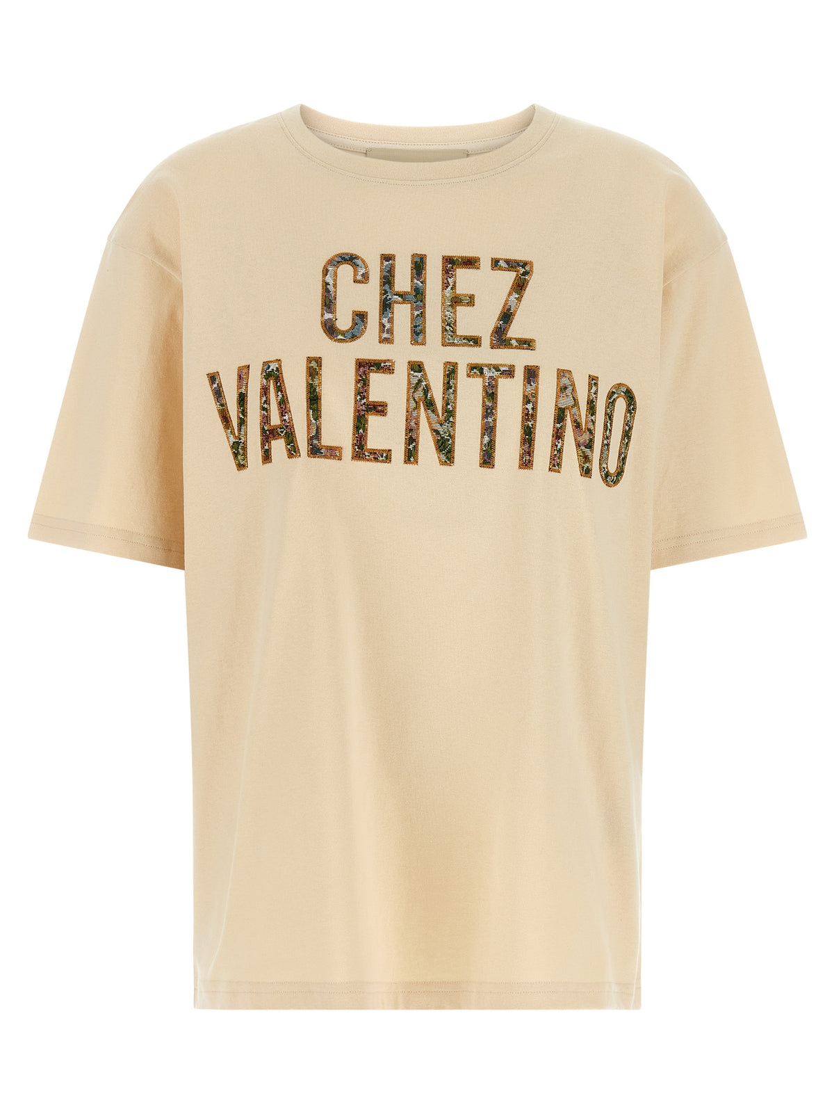 Valentino Garavani Beige Cotton T-Shirt with Embroidered Detail