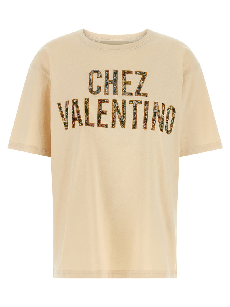 Valentino Garavani Beige Cotton T-Shirt with Embroidered Detail