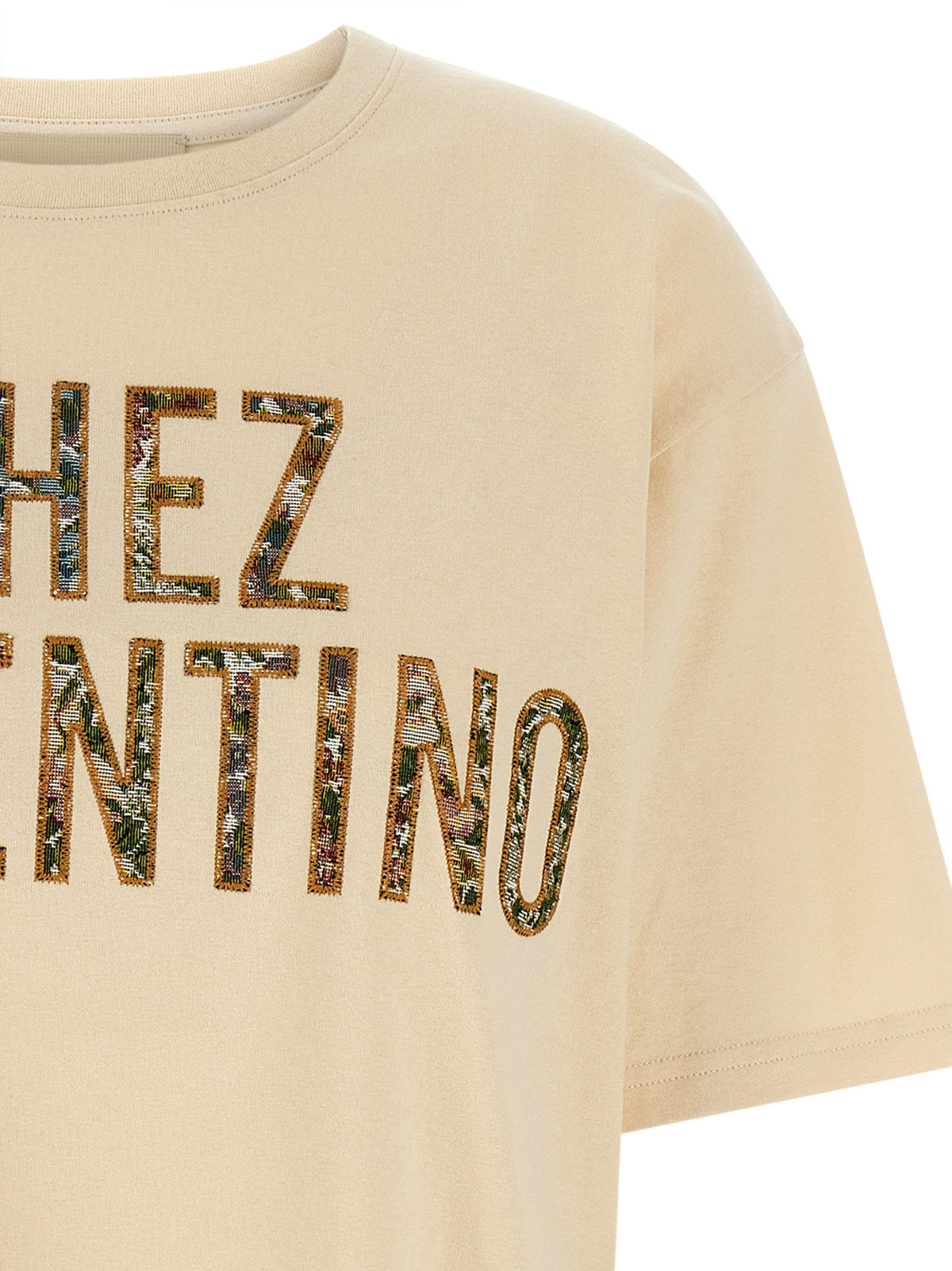 Valentino Garavani Beige Cotton T-Shirt with Embroidered Detail