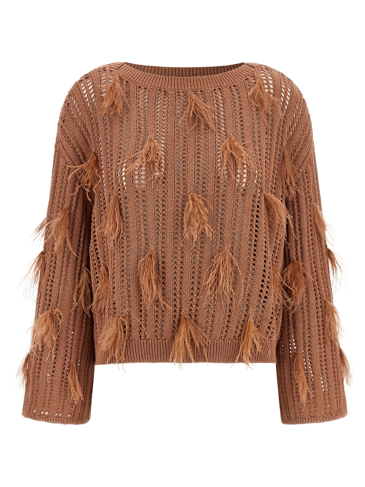 Twinset Brown Cotton Cardigan with Ostrich Feather Details