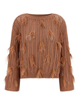 Twinset Brown Cotton Cardigan with Ostrich Feather Details