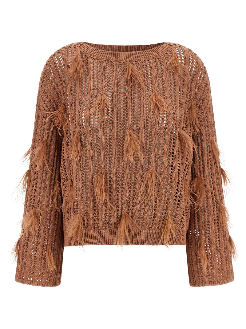 Twinset Brown Cotton Cardigan with Ostrich Feather Details