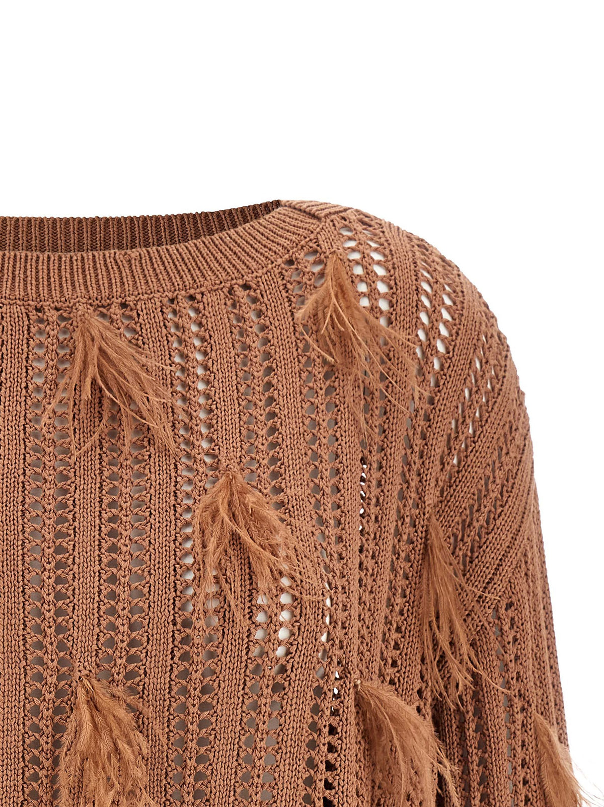 Twinset Brown Cotton Cardigan with Ostrich Feather Details