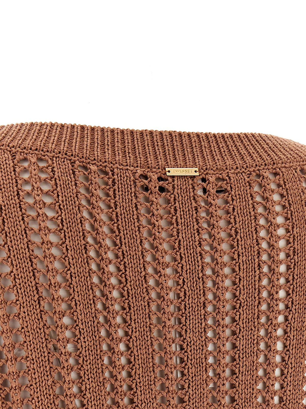 Twinset Brown Cotton Cardigan with Ostrich Feather Details