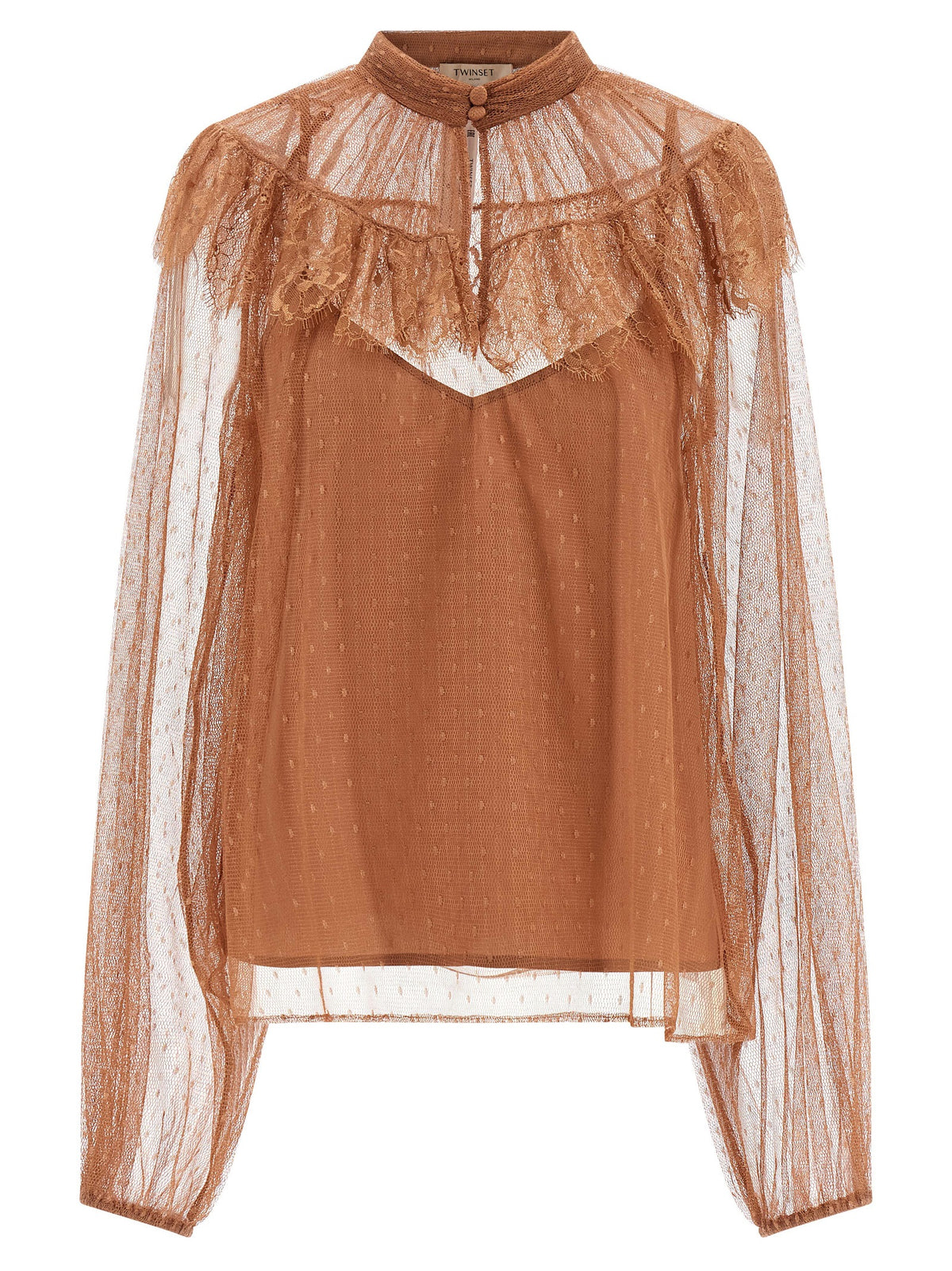 Twinset Brown Polyester Blouse - Elegant Semi-Transparent Design