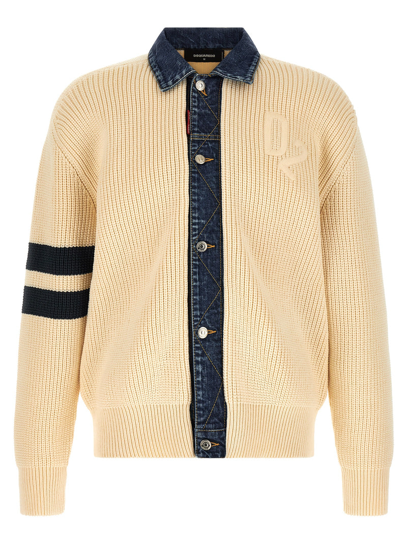 Dsquared² Beige Cotton Cardigan with Denim Details