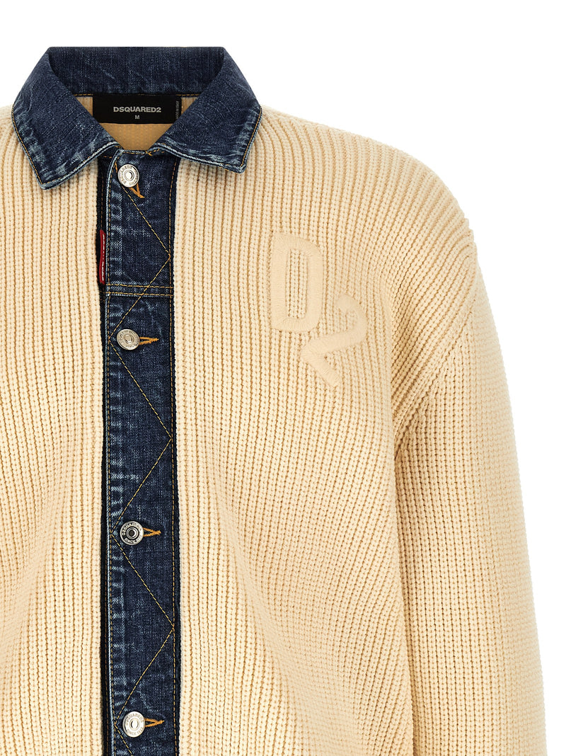 Dsquared² Beige Cotton Cardigan with Denim Details