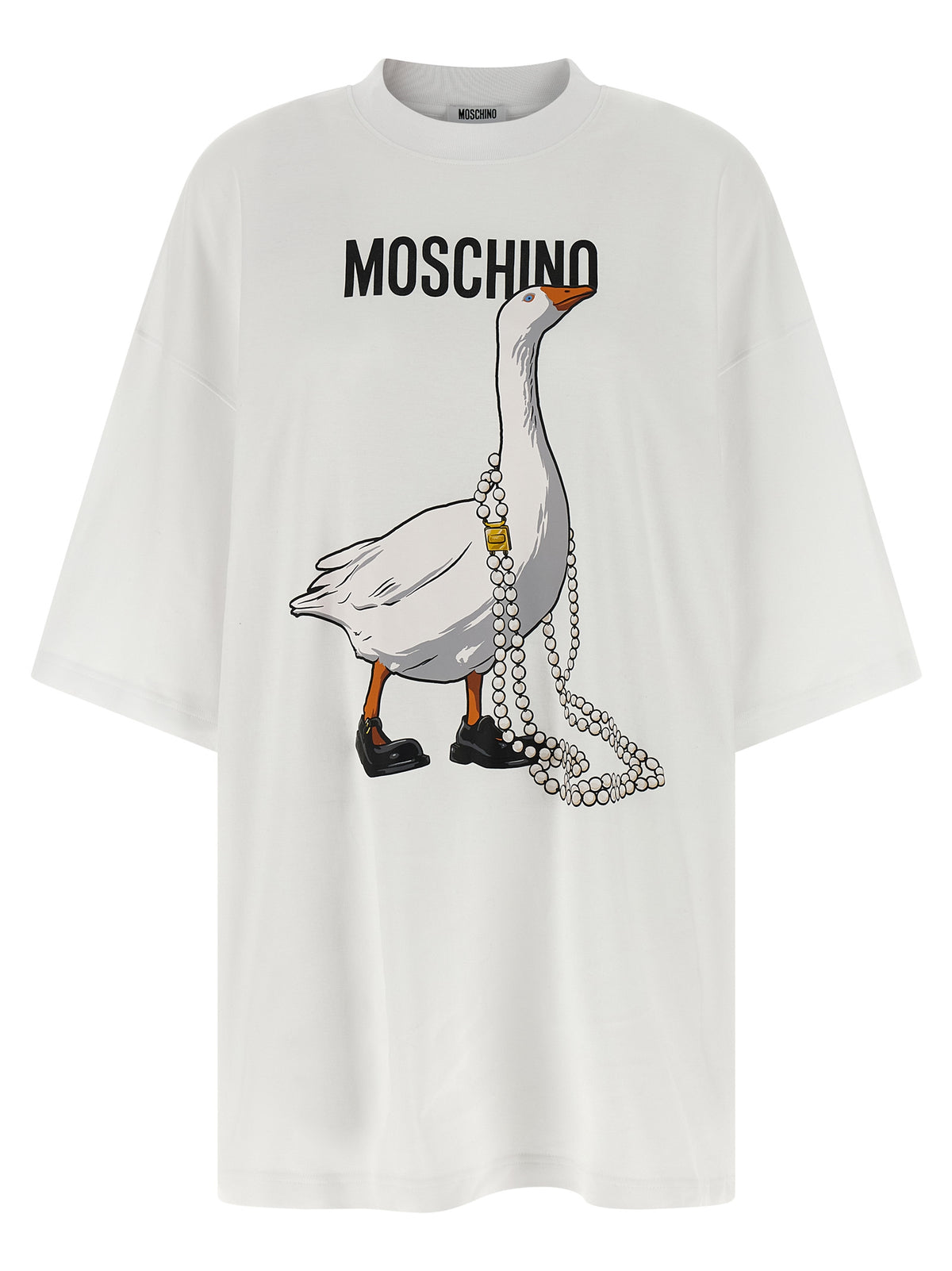 Moschino White Cotton Short Dress with Goose Print