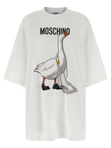 Moschino White Cotton Short Dress with Goose Print