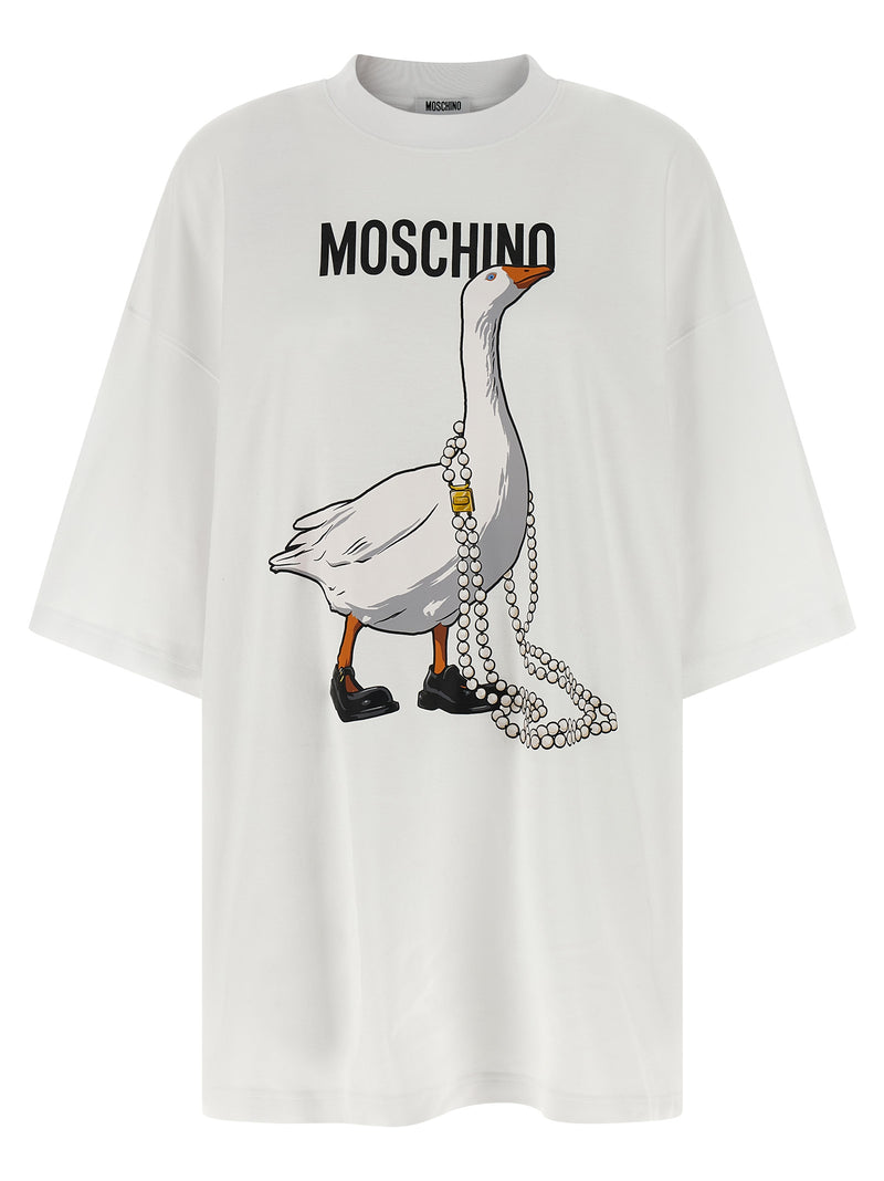 Moschino White Cotton Short Dress with Goose Print