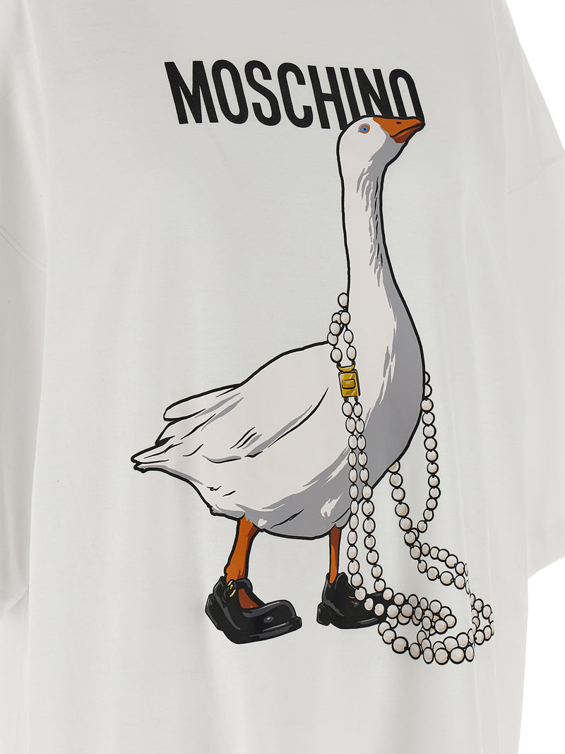 Moschino White Cotton Short Dress with Goose Print