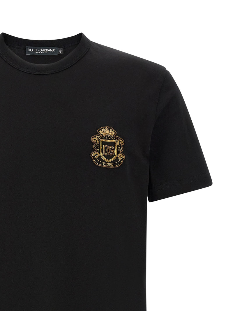 Dolce & Gabbana Black Cotton T-Shirt with Heraldic Patch