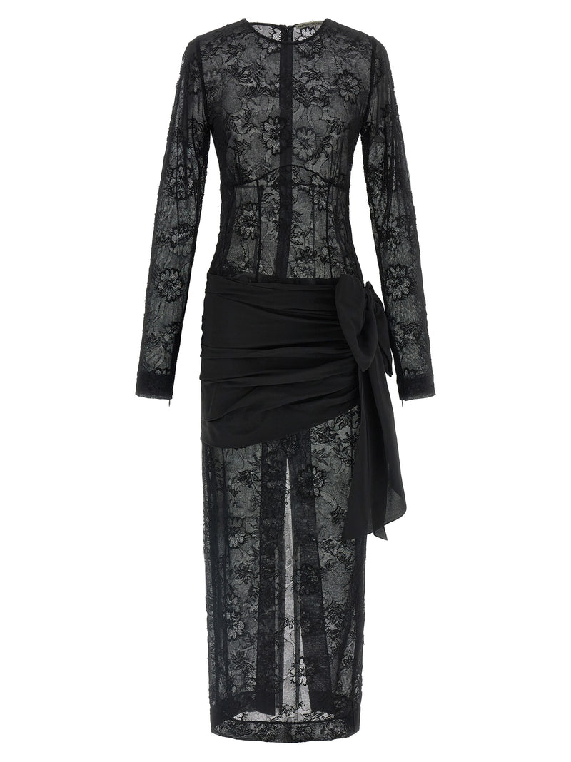 Alessandra Rich Black Viscose Long Dress with Lace Detail