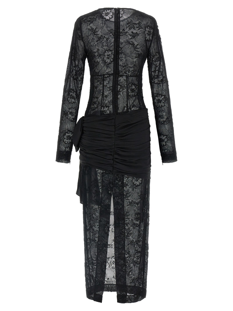 Alessandra Rich Black Viscose Long Dress with Lace Detail