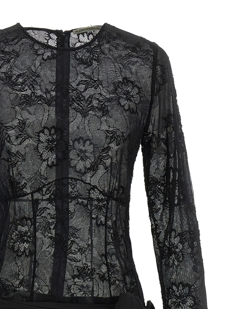 Alessandra Rich Black Viscose Long Dress with Lace Detail