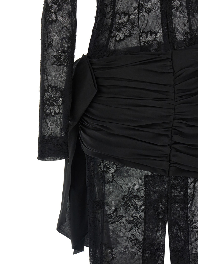 Alessandra Rich Black Viscose Long Dress with Lace Detail